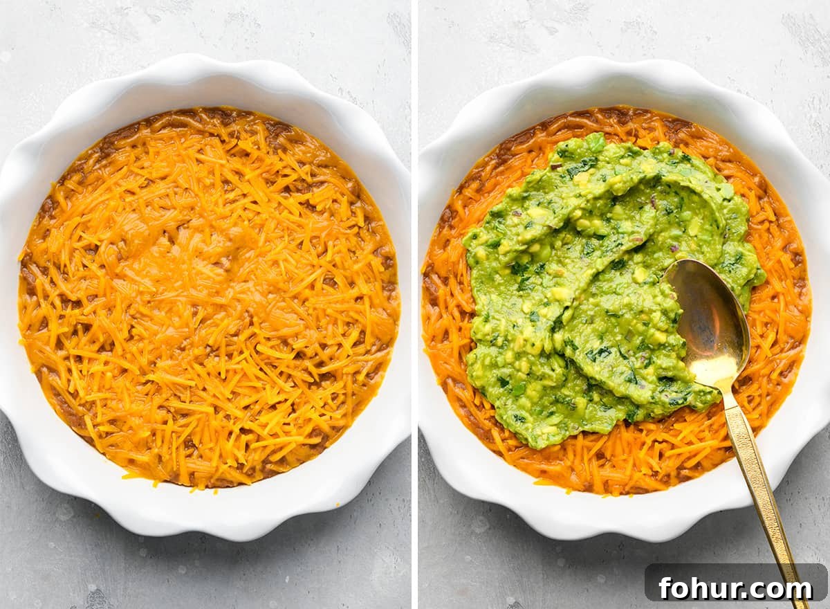 Authentic Mexican Seven Layer Dip Recipe 7 two photos showing how to assemble this Mexican 7 Layer Dip Recipe