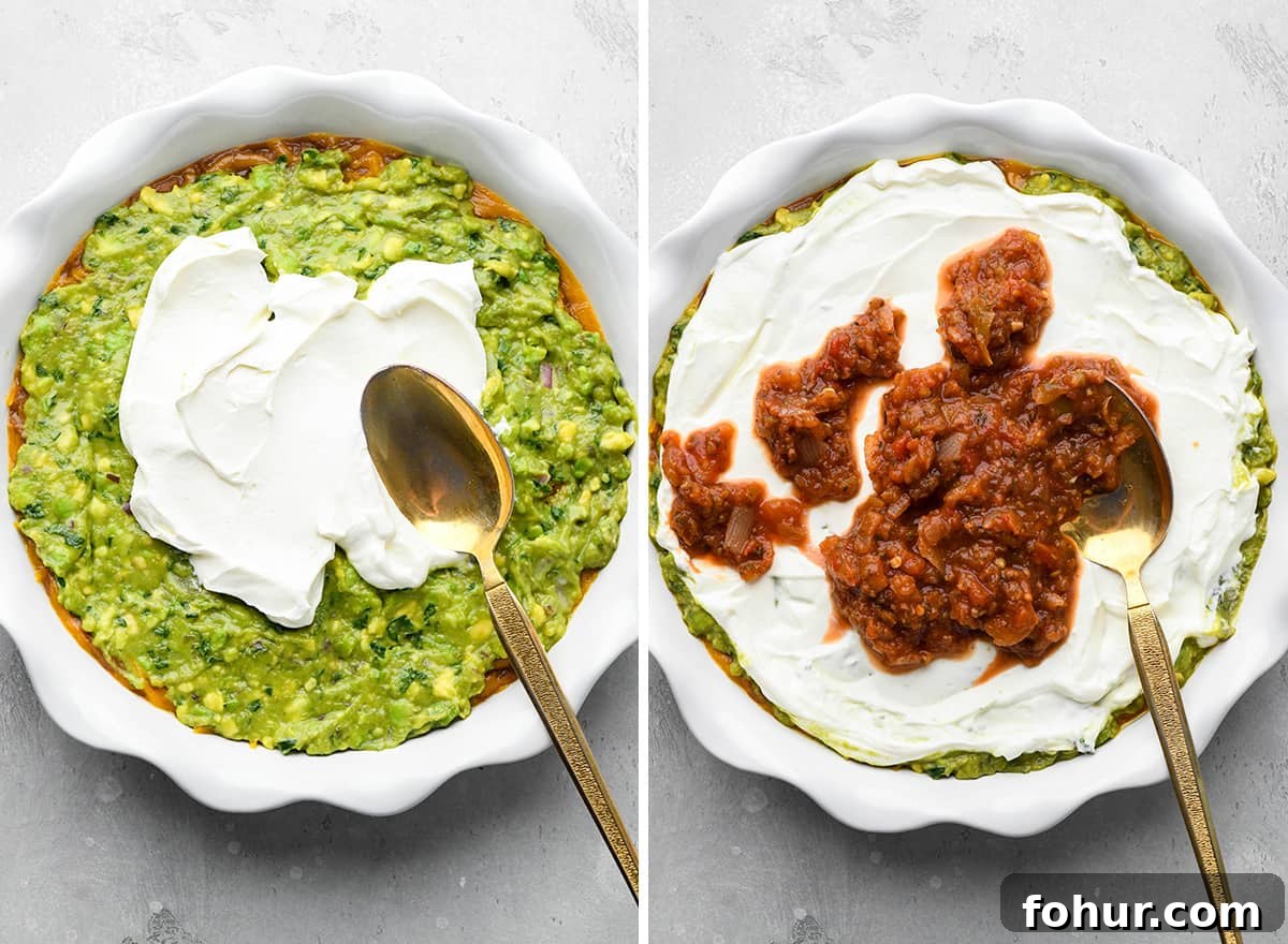 Authentic Mexican Seven Layer Dip Recipe 8 two photos showing how to assemble Mexican 7 Layer Dip