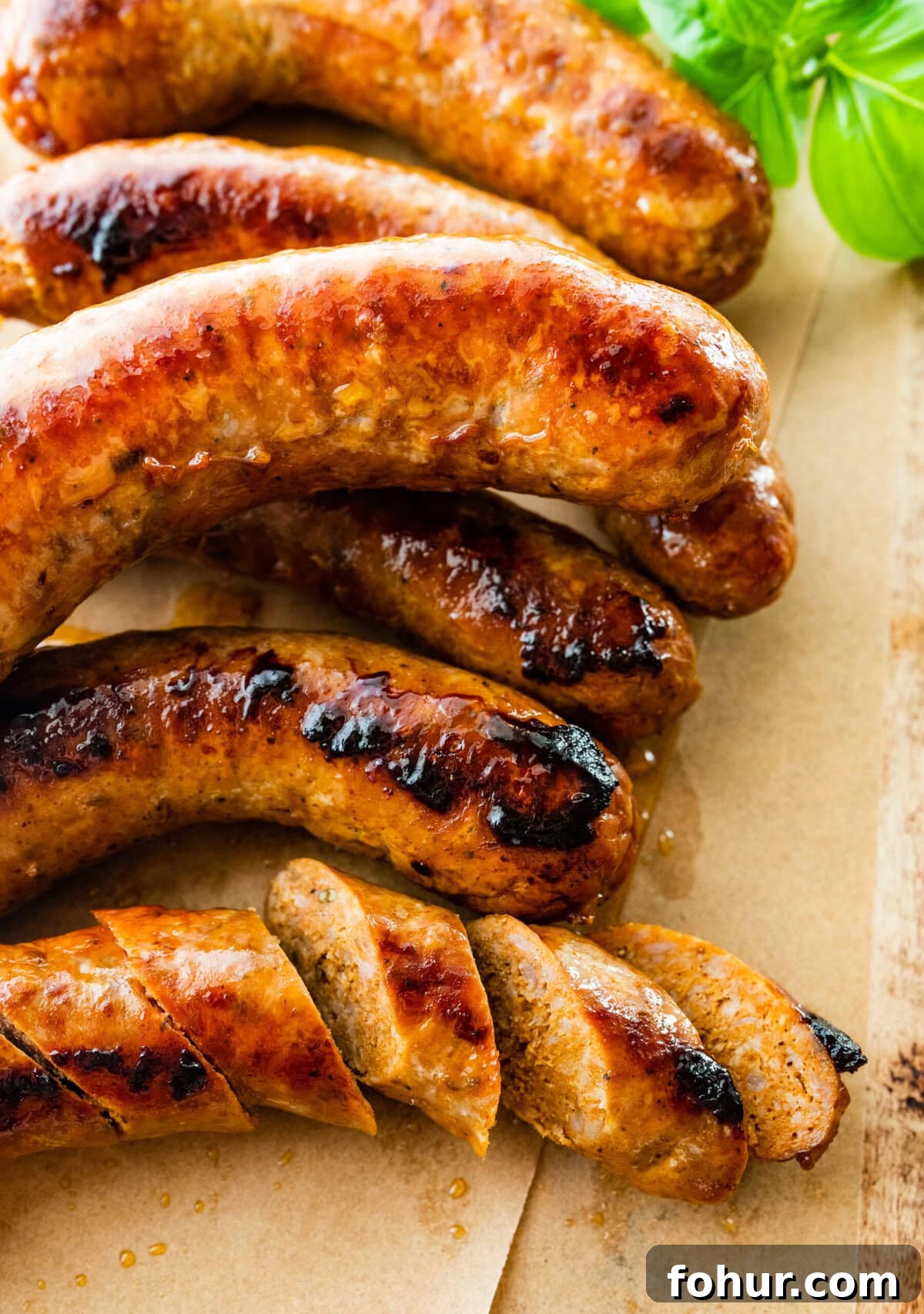 Oven Baked Italian Sausage Recipe with Peppers and Onions 2 Italian sausages on parchment paper and wood board. One sausage cut into pieces.