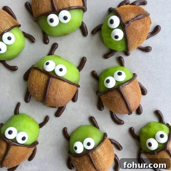 Beetlejuice Kiwis decorated with chocolate and candy eyes to resemble cartoon beetles.