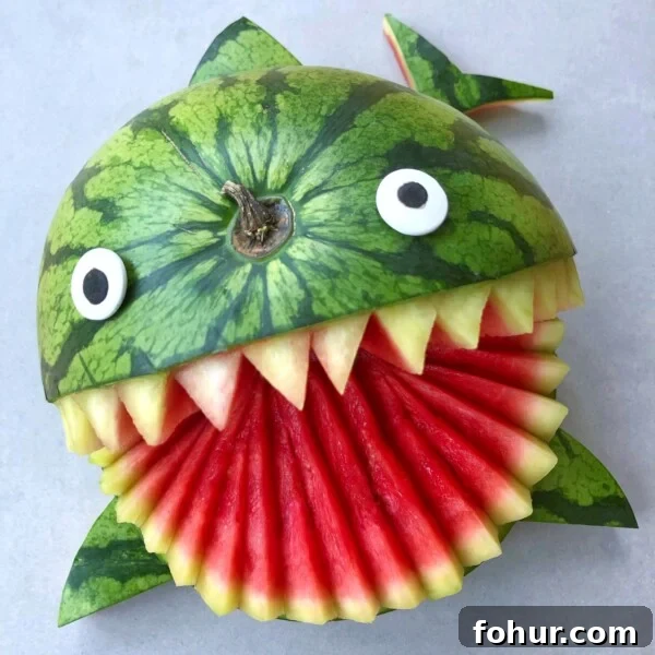 A watermelon carved to look like a shark, a playful addition to summer fruit displays.