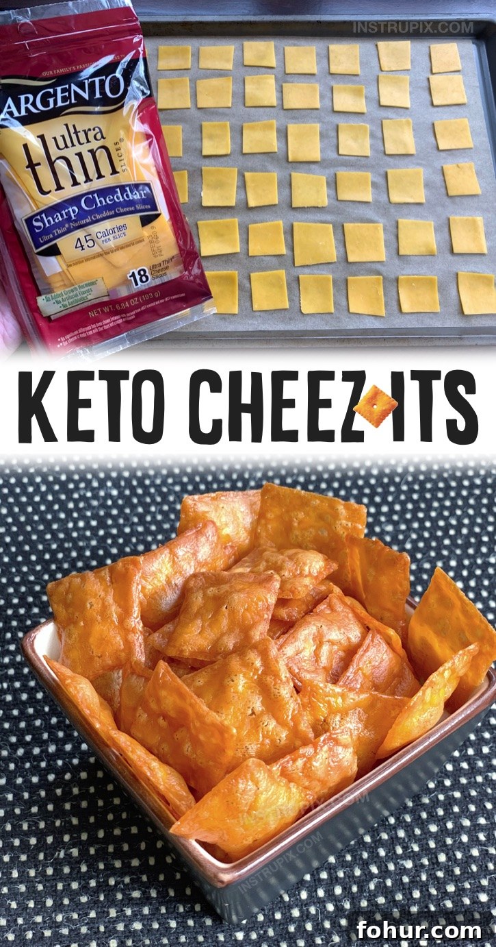 Homemade Keto Cheese Crackers (Cheez-It Style) 5 Keto Cheezit Crackers | This easy keto snack is perfect for on the go! Bring them to work or school with you for a satisfying little snack without any guilt. You can use any type of sliced cheese as long as it is really thin. I recommend the Sargento Ultra Thin Cheese. The cheddar tastes JUST like Cheez-Its when it’s baked, but you can also use pepper jack or swiss if you’d like. You simply slice the cheese into bite size pieces and then bake them at a low temperature for about 30 minutes. The BEST low carb snack!