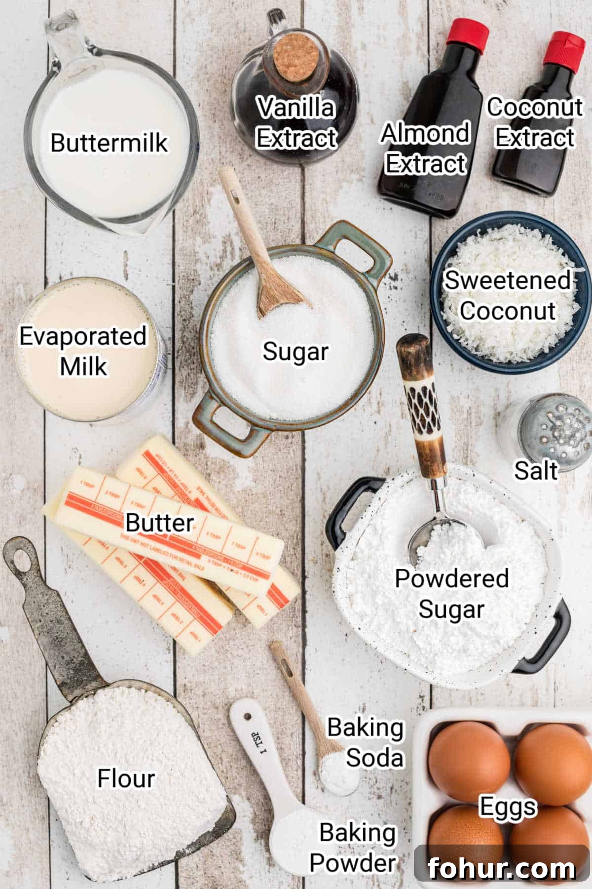 Classic Louisiana Crunch Cake Recipe with Praline Topping 3 ingredients for a louisiana crunch cake all laid out with their names scribed over