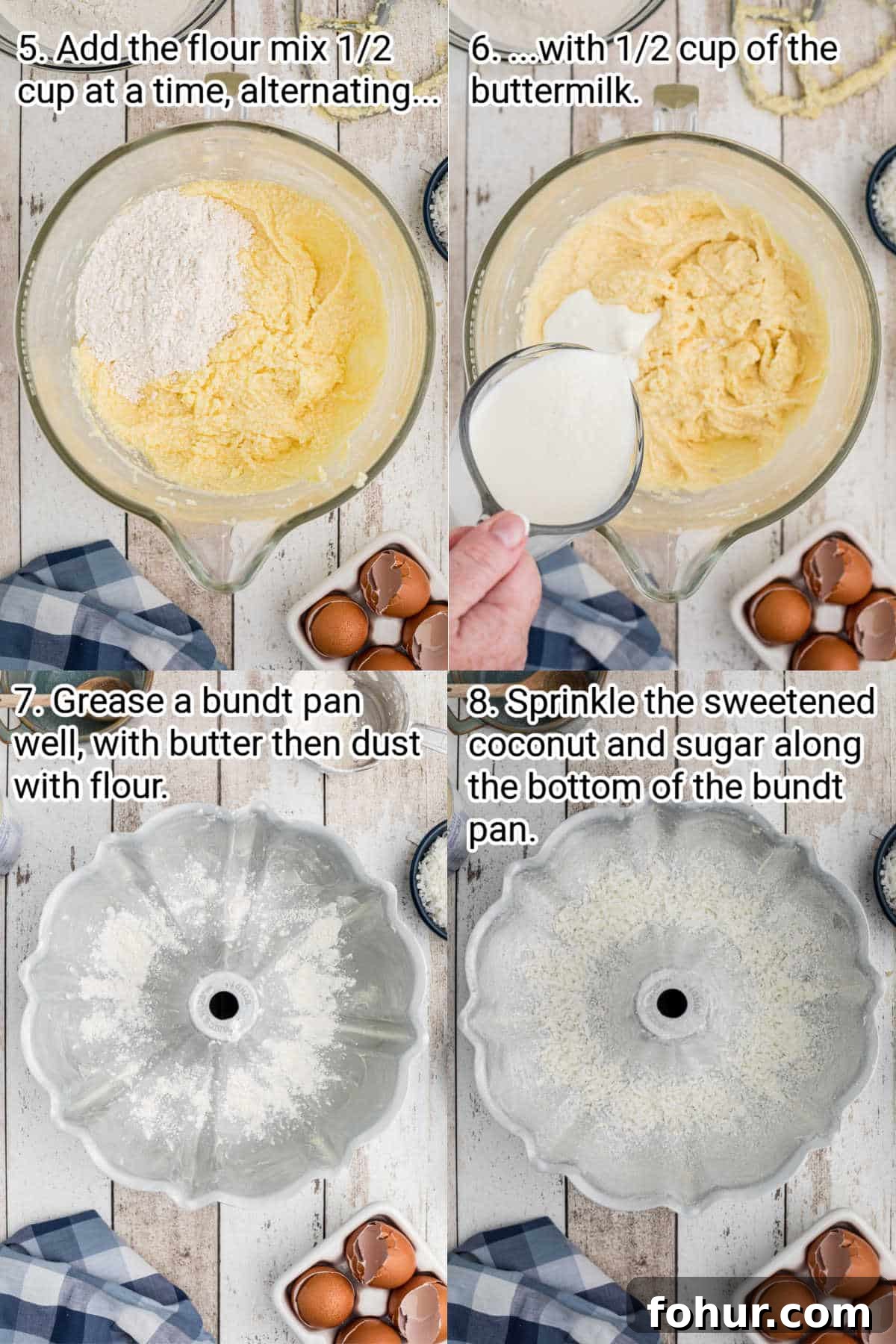 Classic Louisiana Crunch Cake Recipe with Praline Topping 5 four images showing steps how to make a louisiana crunch cake