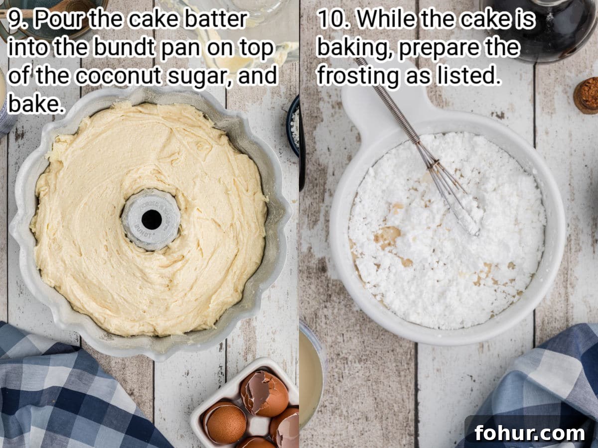 Classic Louisiana Crunch Cake Recipe with Praline Topping 6 two images showing steps for making a louisiana crunch cake