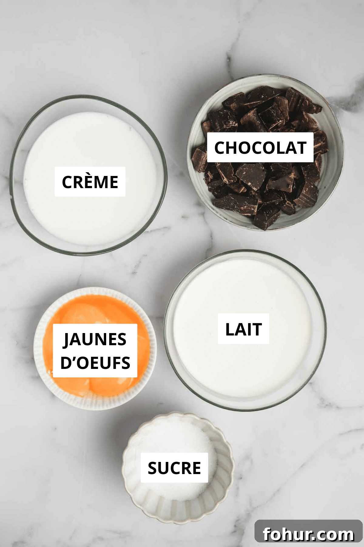 Silky Chocolate Cremeux Recipe (Chocolate Custard) 7 Bowls with ingredients for chocolate crémeux