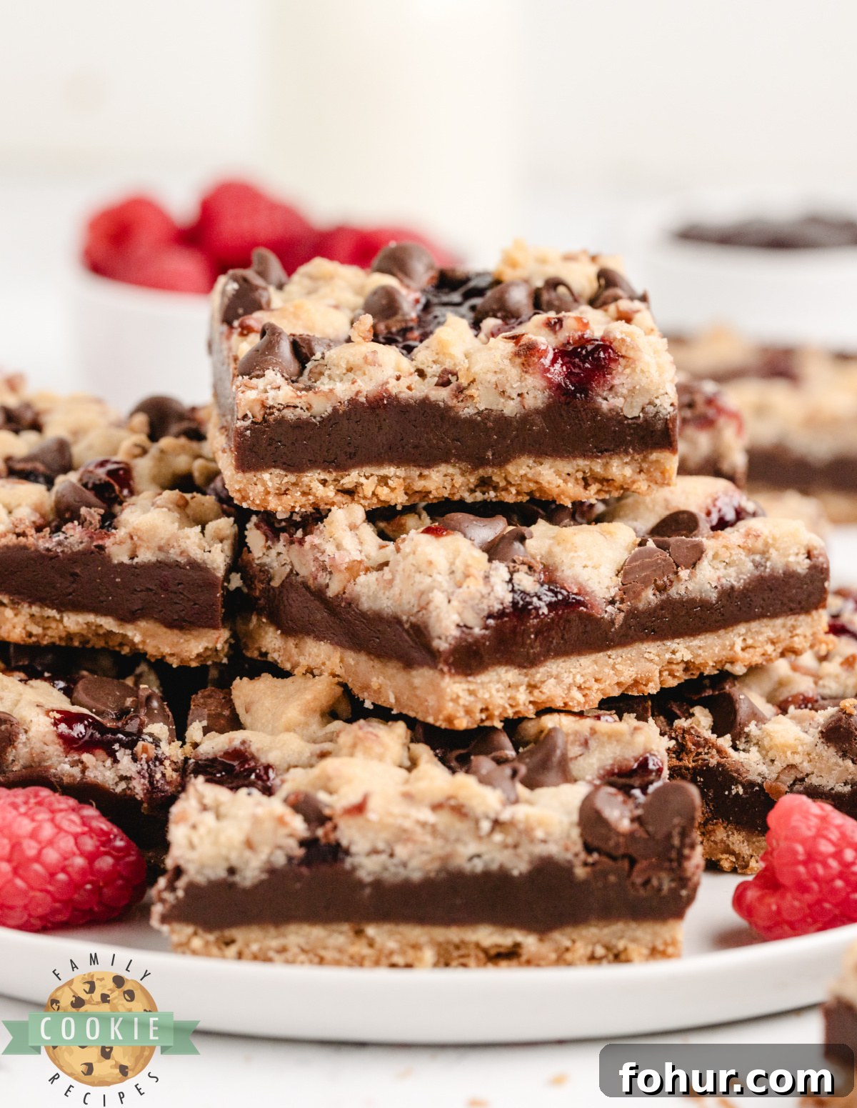 Decadent Chocolate Raspberry Shortbread Cookie Bars Recipe 6 Shortbread bars topped with chocolate, raspberry jam, and nuts.