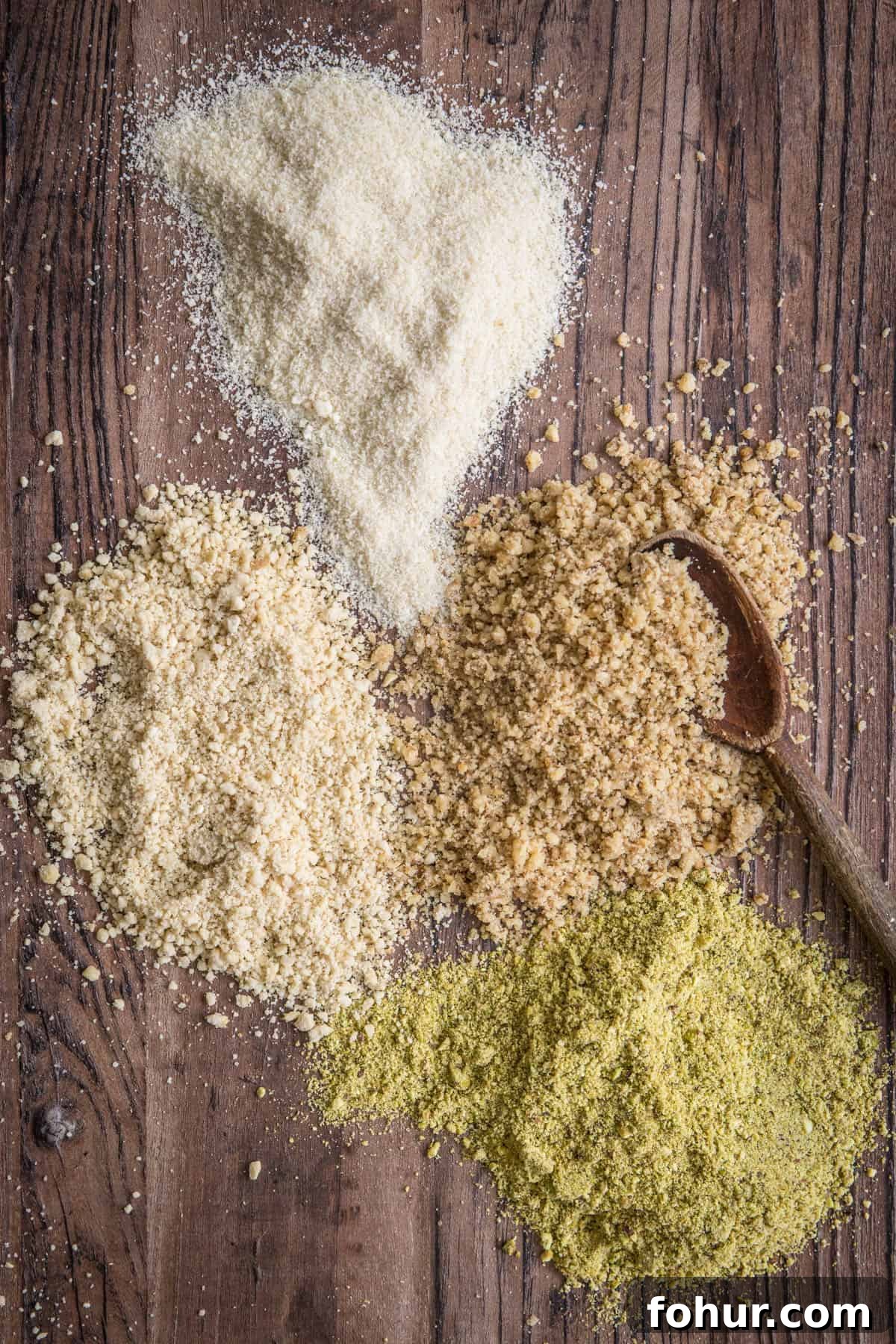 How to Bake with Gluten-Free Flours: Tips and Techniques 2 overhead shot of nut flours on a wooden board