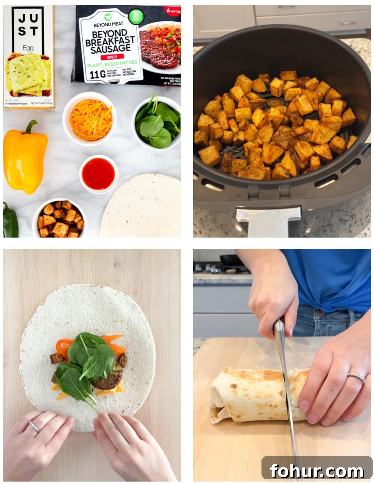 Vegan Breakfast Burrito Recipe with Tofu, Beans and Avocado 4 Step by step pictures including a picture of burrito ingredients, air fryer potatoes, wrapping a burrito, and sliced a burrito