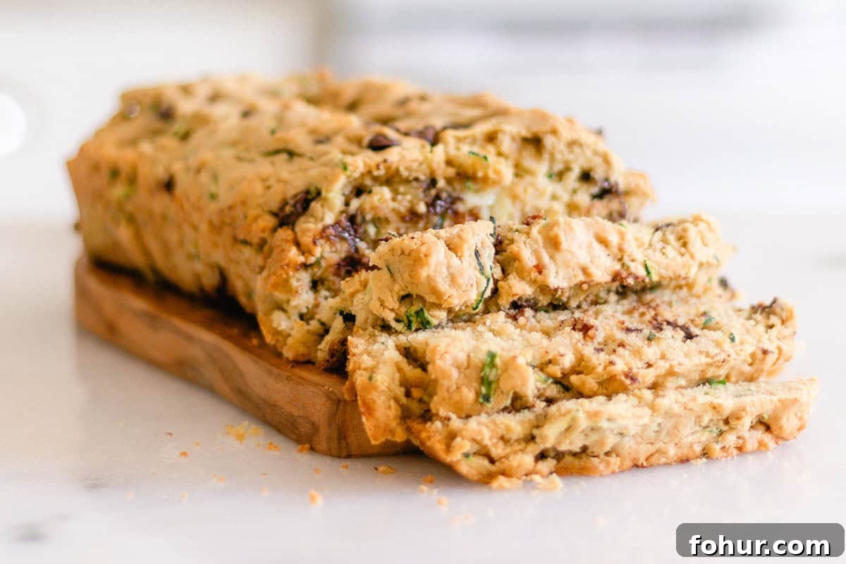Moist Gluten-Free Zucchini Bread Recipe 2 A loaf of gluten-free zucchini bread sliced on a wooden board.