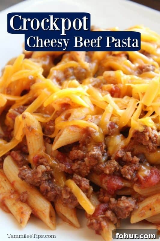 Slow Cooker Cheesy Beef Pasta Casserole Recipe (Video) 2 Crockpot cheesy pasta beef over a white bowl filled with cheesy pasta