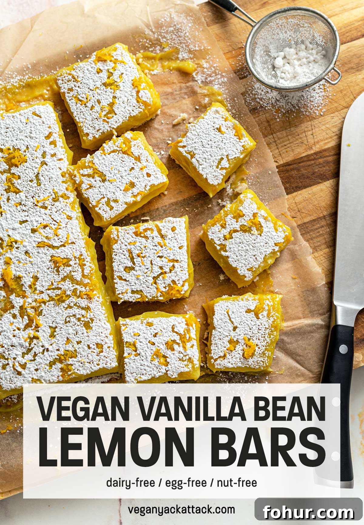Image of lemon bars cut into squares on a cutting board with text overlay 'vegan vanilla bean lemon bars'