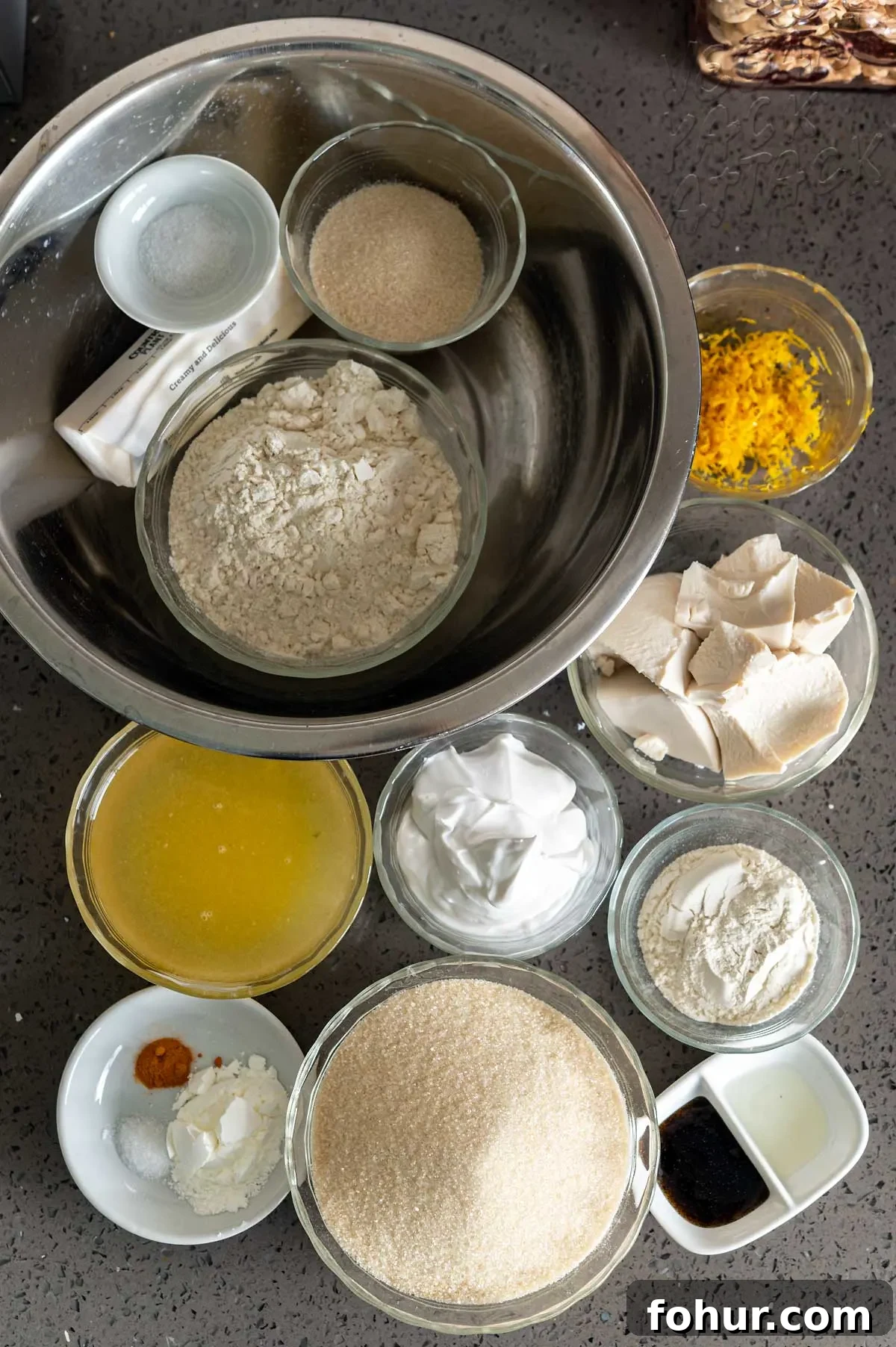 Ingredients measured out into bowls and small ramekins