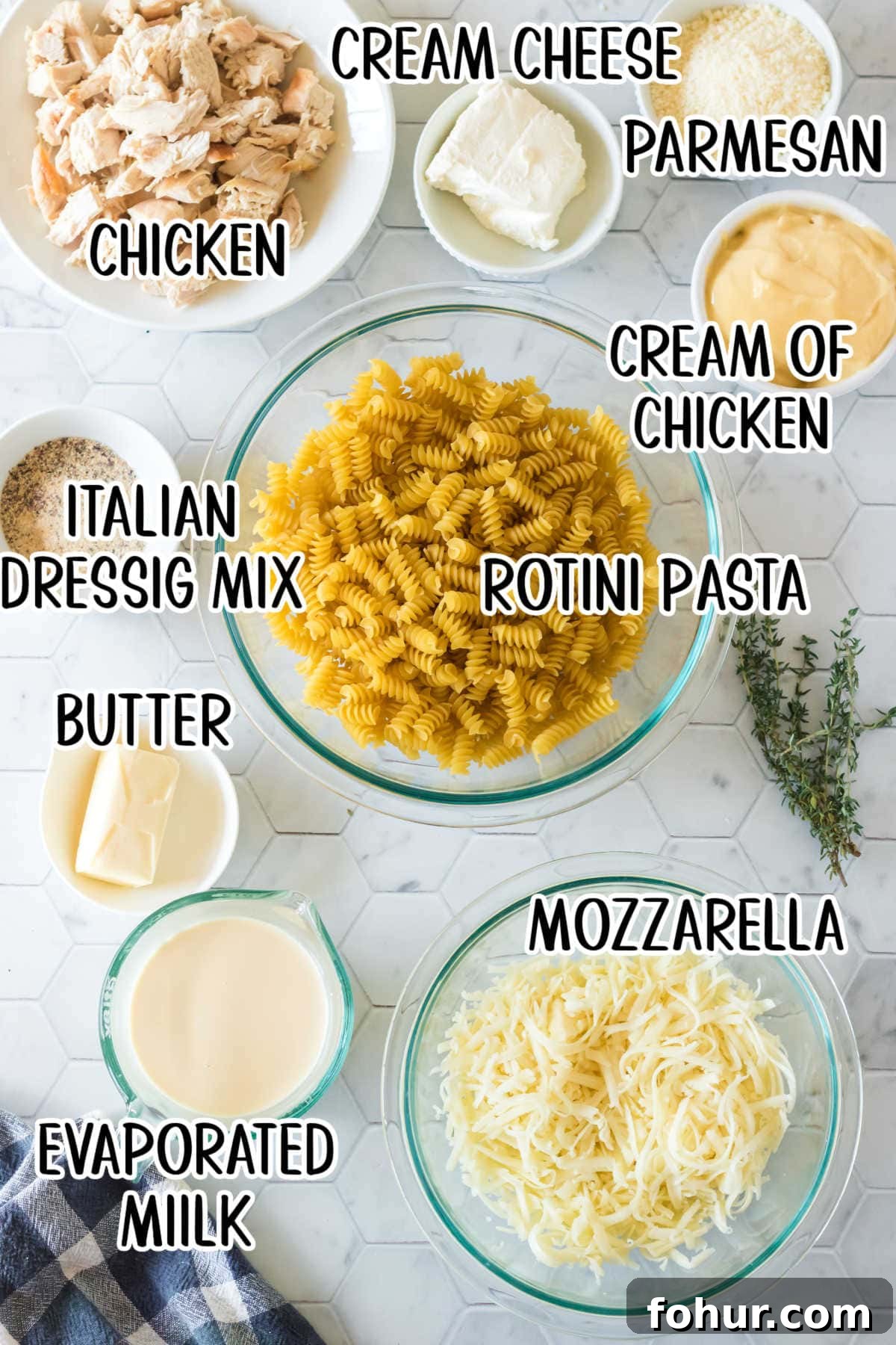 Zesty Chicken Mac and Cheese Recipe 3 Angel Chicken Mac & Cheese ingredients list labeled.