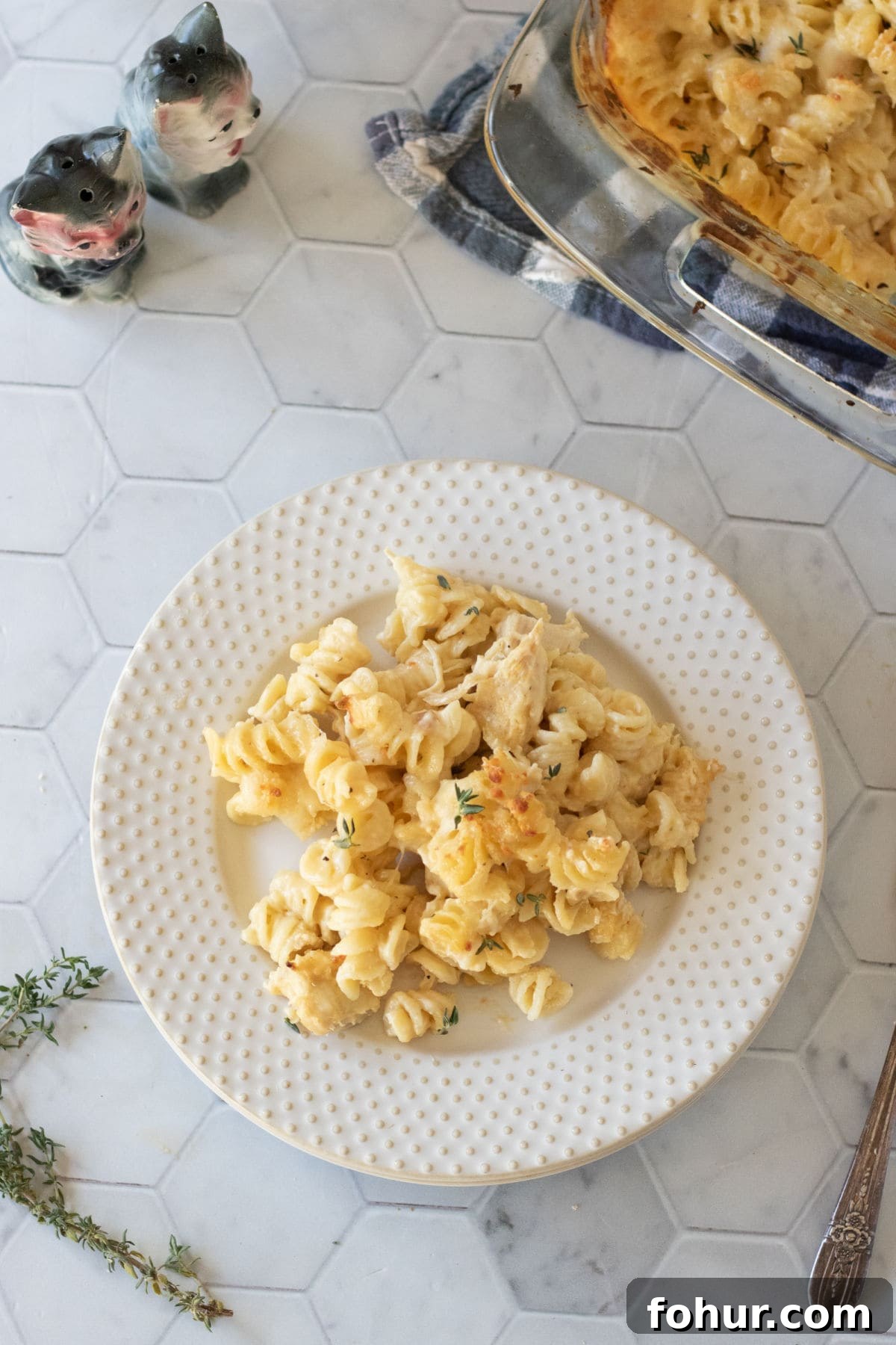 Zesty Chicken Mac and Cheese Recipe 6 Overhead view of a plate of mac and cheese on a white countertop.