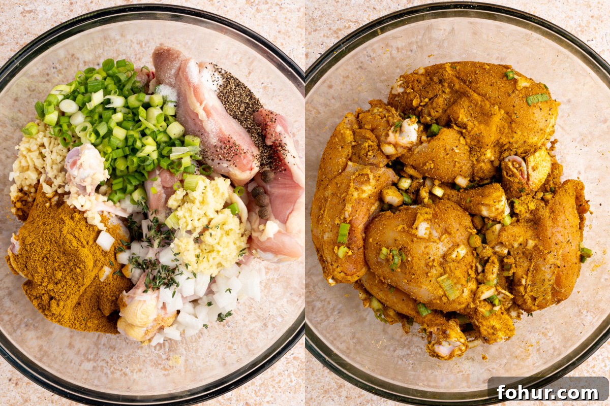 Authentic Jamaican Curry Chicken Recipe 3 Chicken in a bowl with the curry powder, chicken bouillon, garlic, onion, scallions, ginger, salt, pepper, all spice and thyme. Everything is mixed together for marinating the chicken.