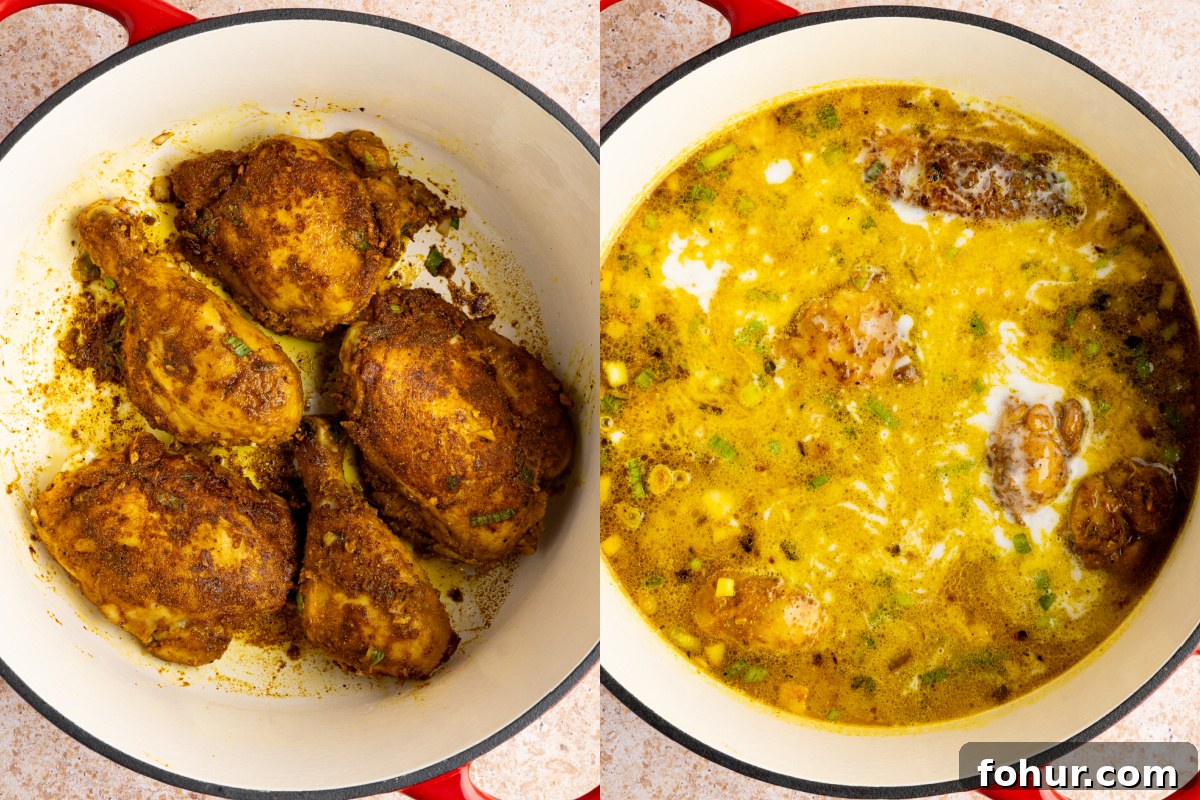 Authentic Jamaican Curry Chicken Recipe 4 searing the chicken in the pan before adding the coconut milk and chicken broth.