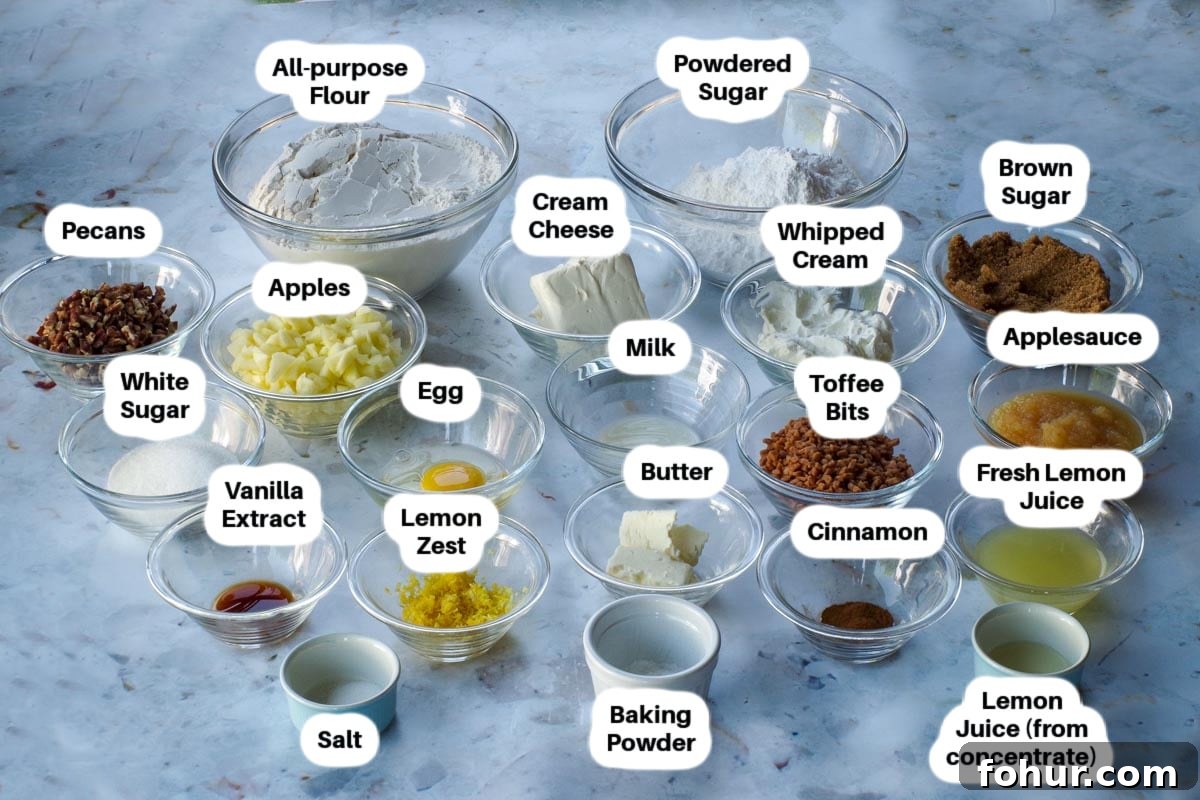Ingredients in Toffee Apple Pie Cookies in glass bowls, labelled.