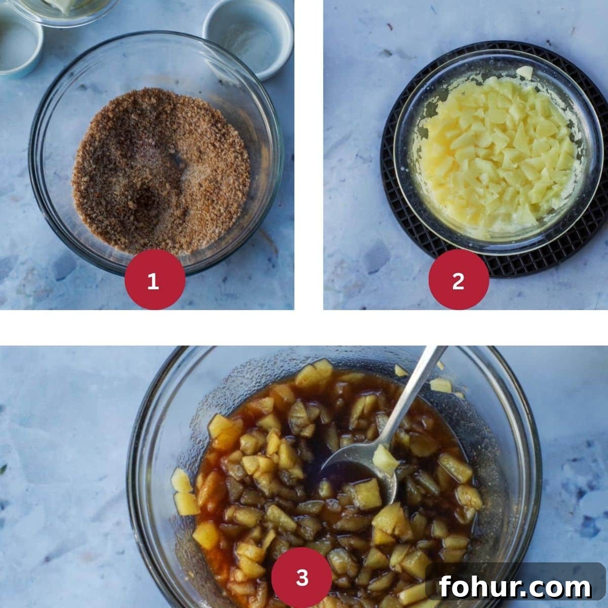 3 photo collage of Apple pie mixture being made for Toffee apple pie cookies