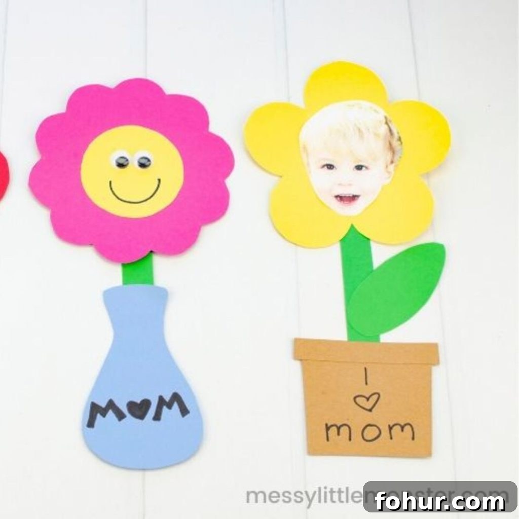 16 Paper Flower Crafts to Make This Spring 8 Flower with kid's picture with I love mom