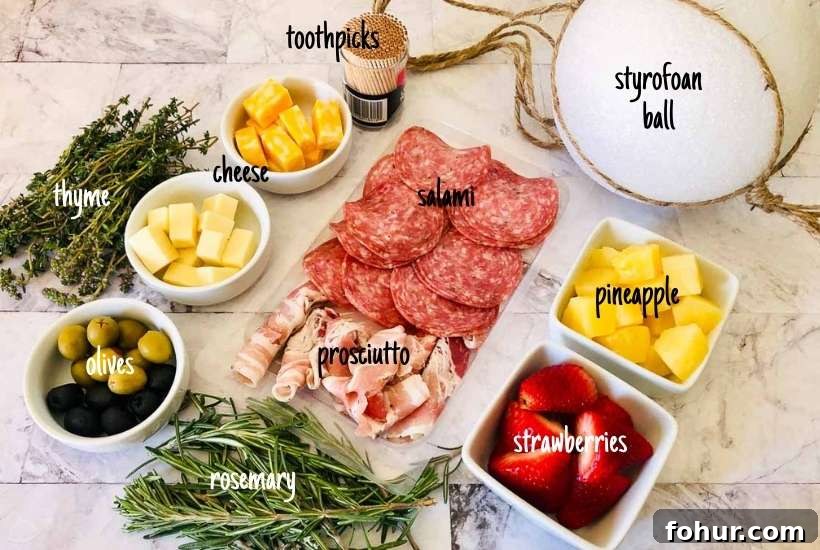 Charcuterie Ball Drop: Creative Party Centerpiece 2 Ingredients needed to make a charcuterie ball with text labels.