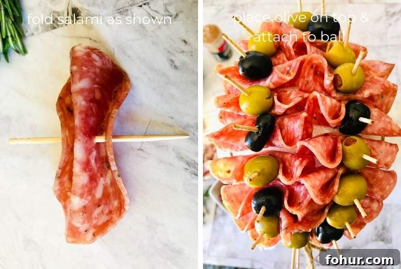 Charcuterie Ball Drop: Creative Party Centerpiece 3 Two image collage showing a salami slice being folded onto a toothpick and adding it to the styrofoam ball with olives with text overlay.