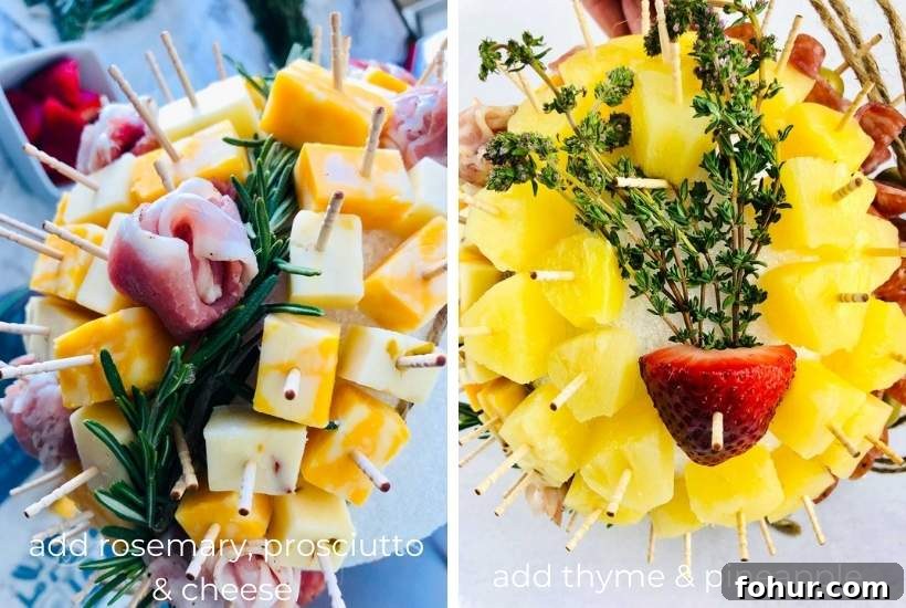 Charcuterie Ball Drop: Creative Party Centerpiece 4 Two image collage of rosemary and thyme springs being attached to the ball with prosciutto, cheese, and pineapple with text overlay.
