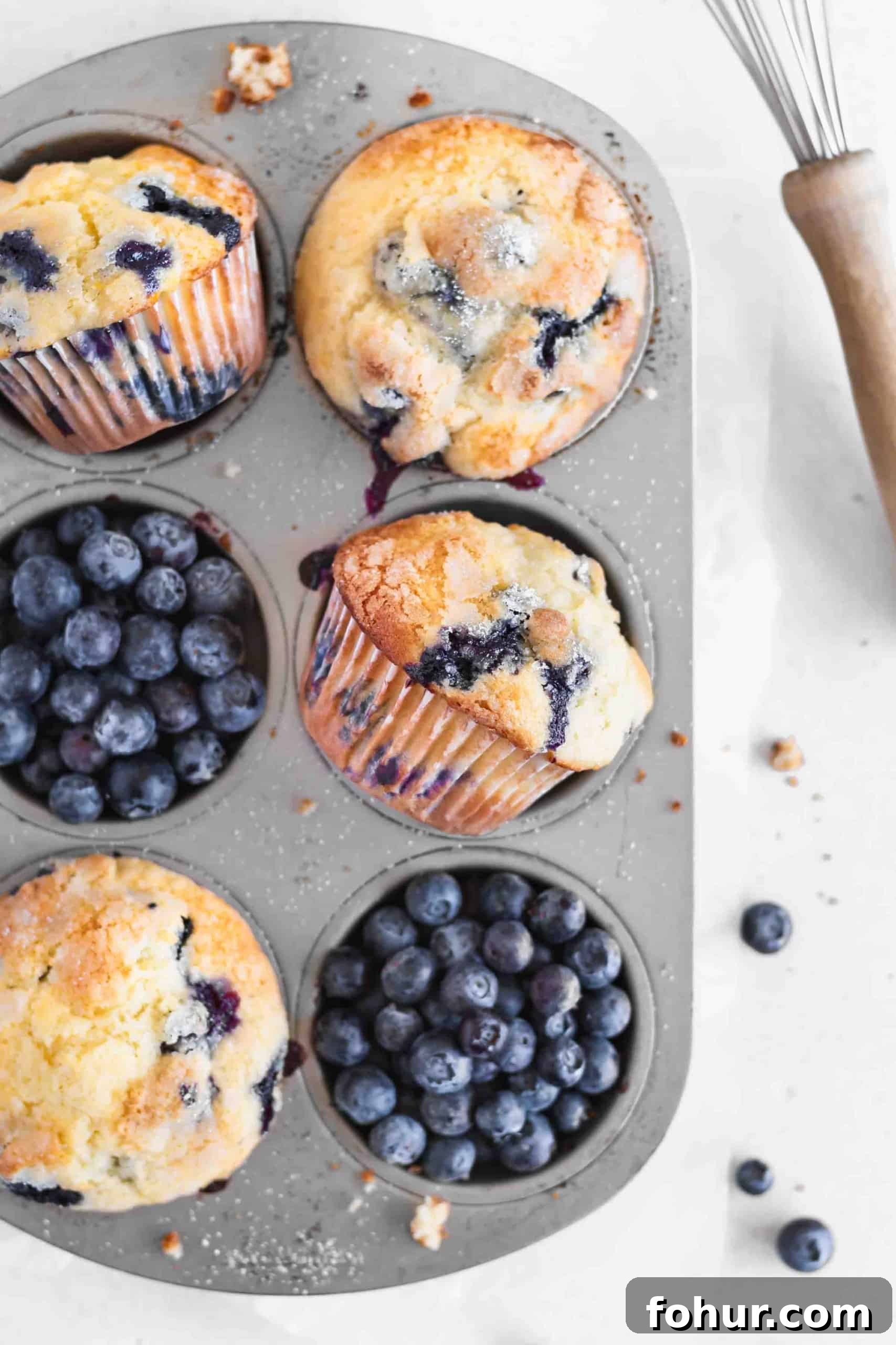 Classic Blueberry Muffins Recipe with Fresh Berries 5 Blueberry muffins in a muffin pan