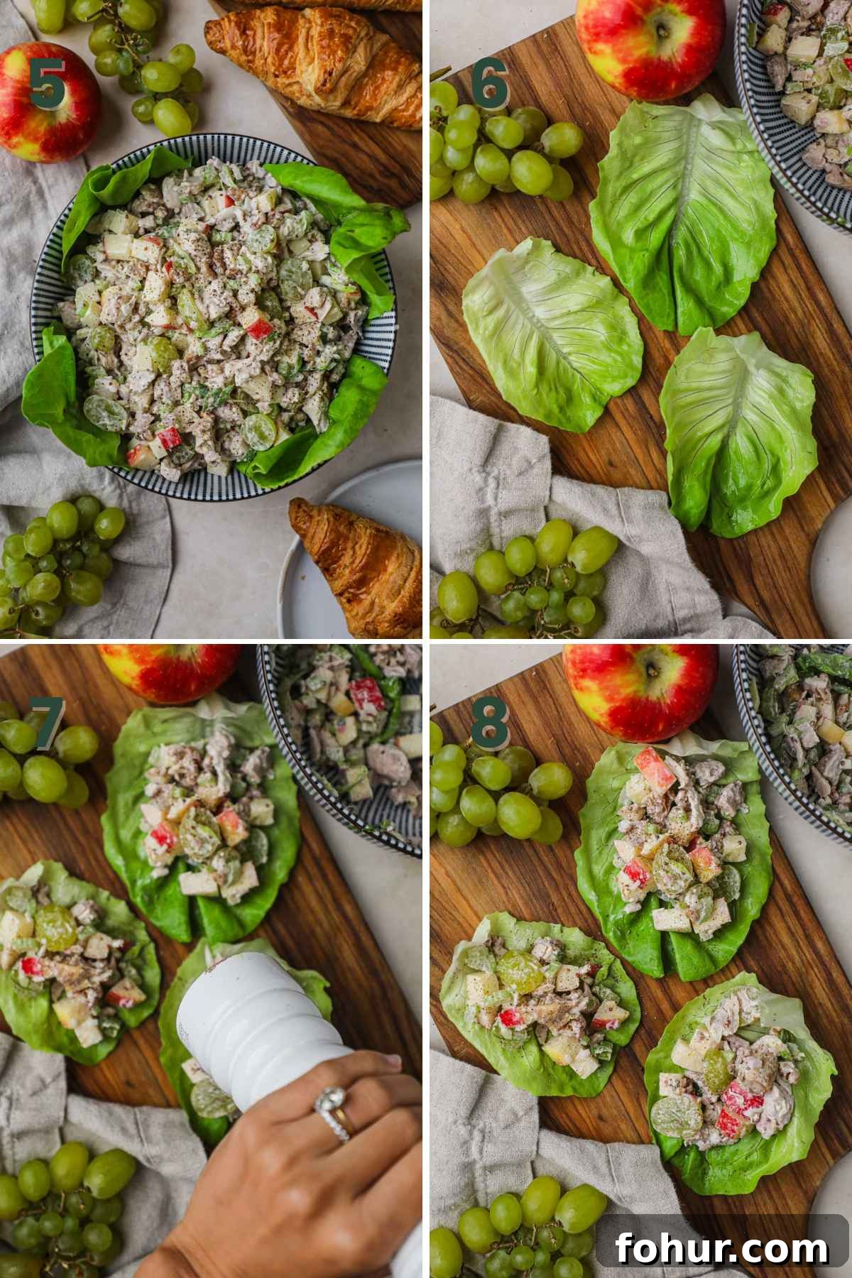 Chicken Salad Lettuce Wraps Recipe with Crisp Veggies 5 Steps to make chicken salad lettuce wraps, lay out lettuce leaves, add a scoop of chicken salad, sprinkle with black pepper and serve.