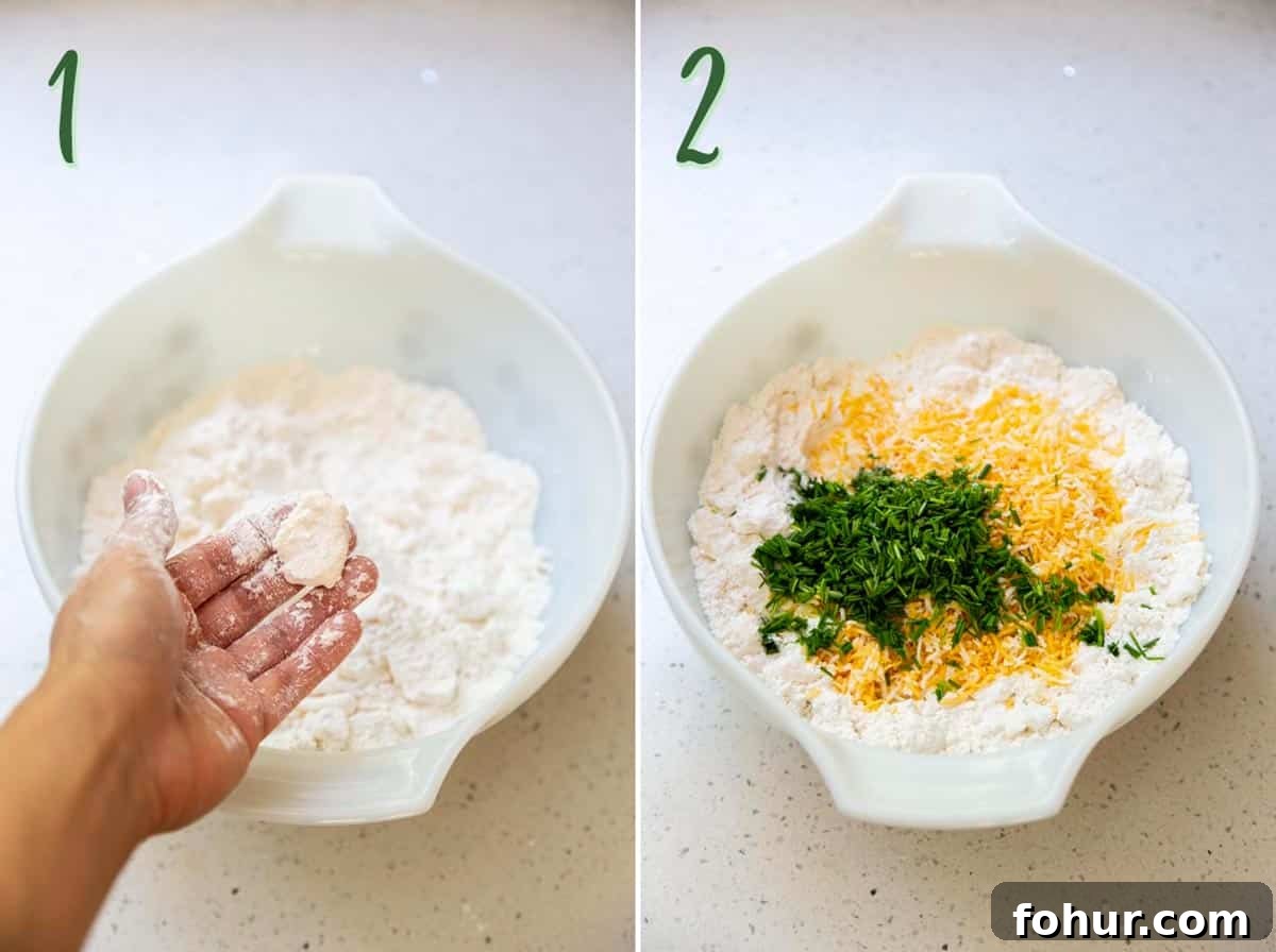 Flaky and Fluffy Cheese Biscuits with Chives Collage of 2 photos: pressing butter into the dry ingredients, adding chives and cheese.