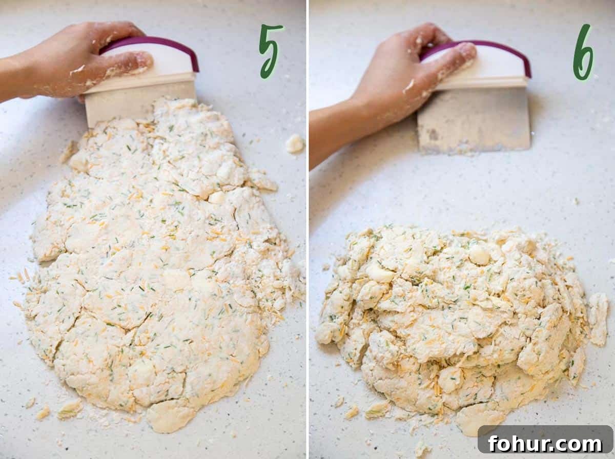 Flaky and Fluffy Cheese Biscuits with Chives Collage of 2 photos showing how to fold the dough over using a bench scraper.