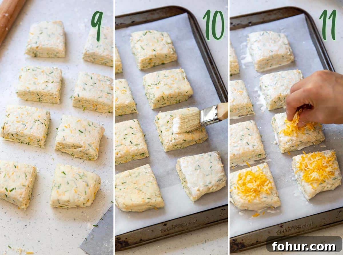 Flaky and Fluffy Cheese Biscuits with Chives Collage of 3 photos showing cut biscuits being prepared for baking.