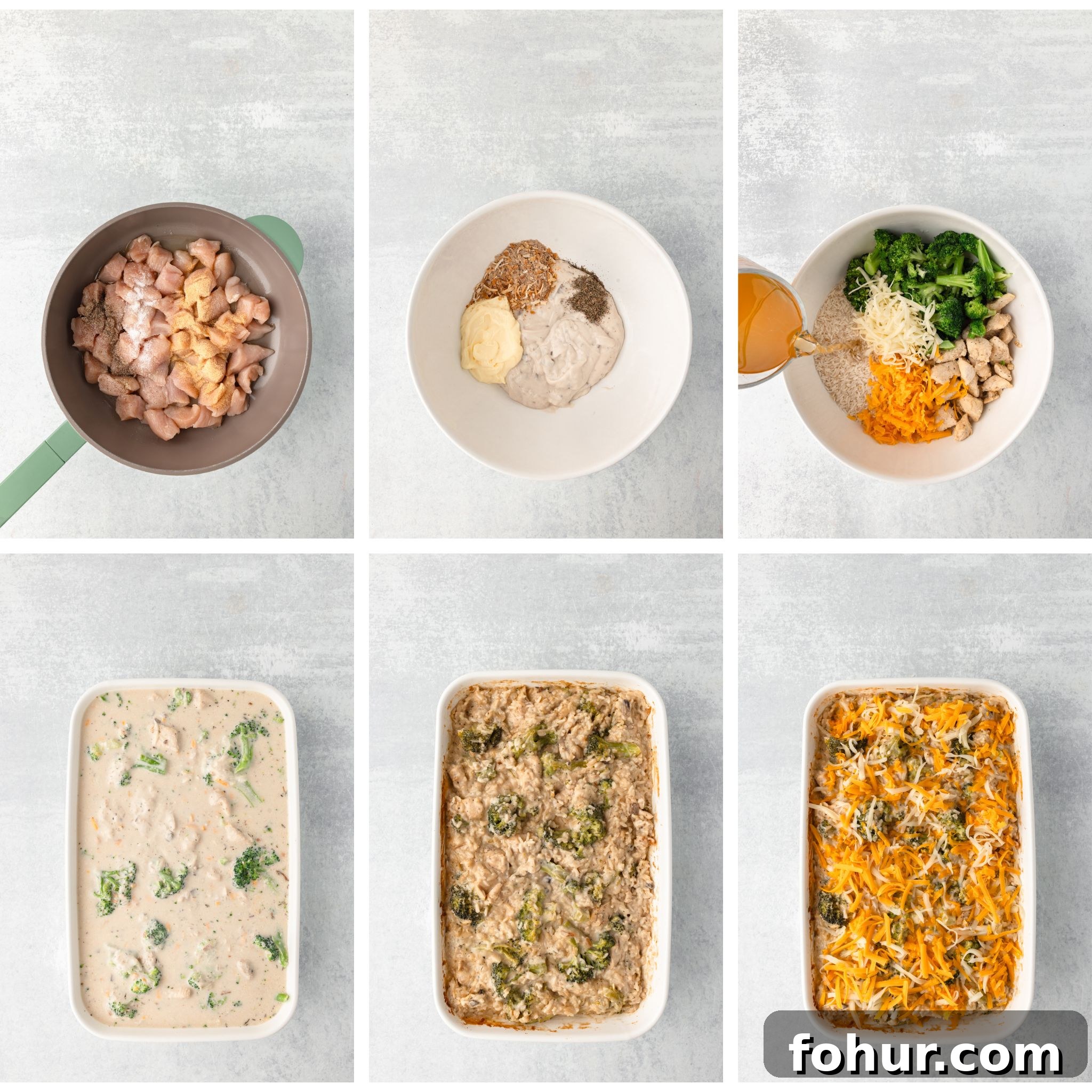 Creamy Cheesy Chicken Broccoli and Rice Casserole 4 Step-by-step collage showing the process of making Cheesy Chicken Broccoli and Rice Casserole: raw chicken in a pan, ingredients mixed, veggies and cheese added, mixture placed in a dish, topped, then baked with melted cheese.