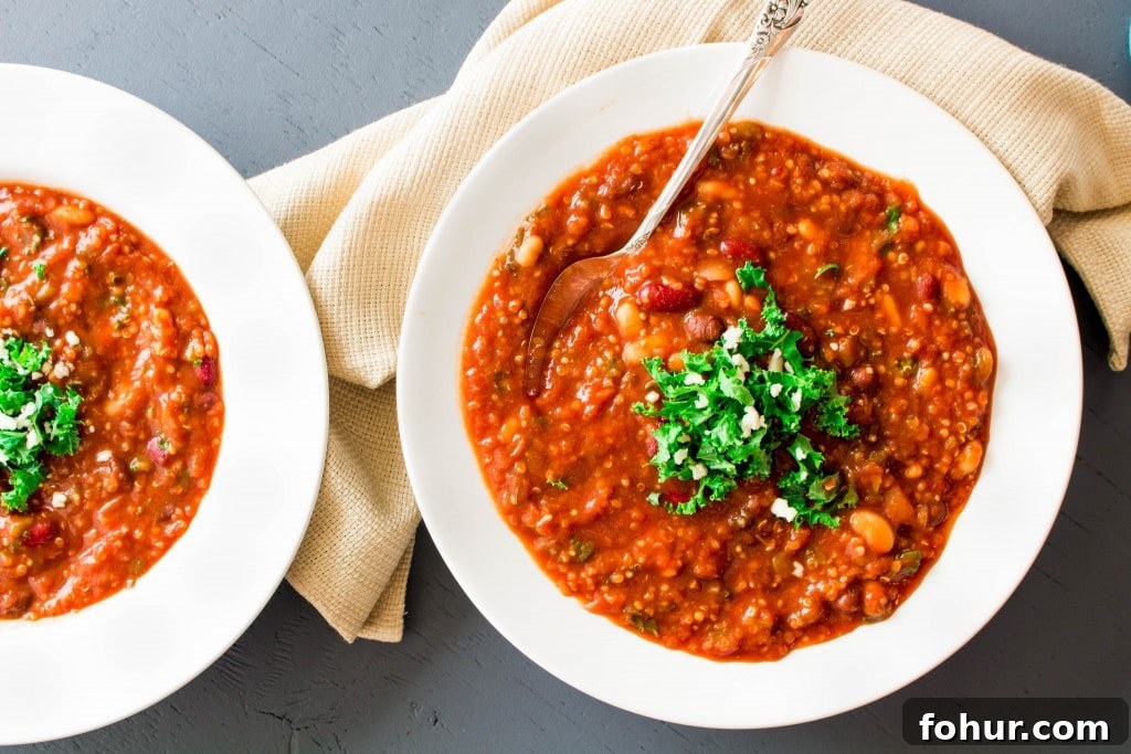 This easy chili is the perfect marriage of flavor and nutrition. Packed with nutrient-dense beans, superfood kale, and hearty quinoa, it's a perfect healthy sub for traditional taco soup!