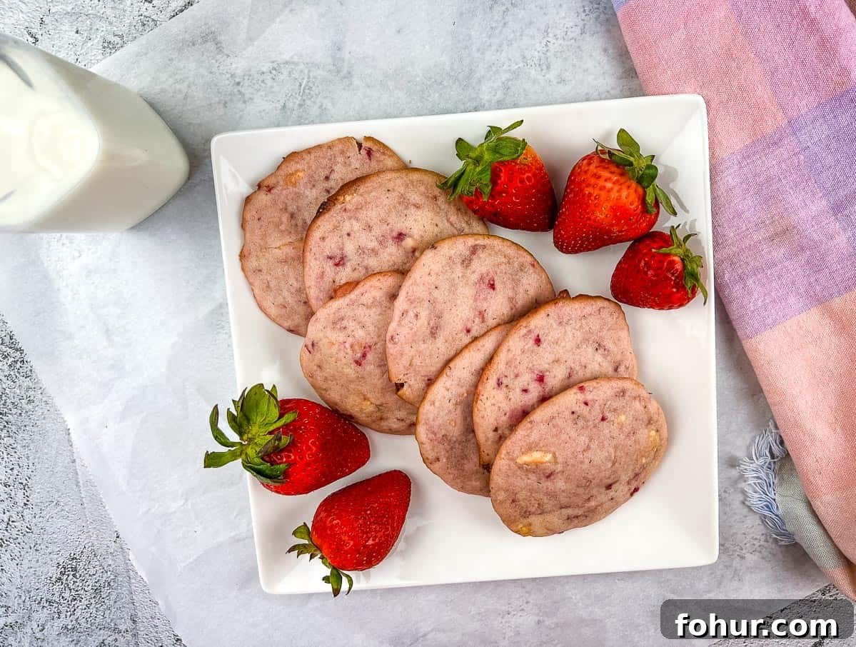 19 Cookie Recipes Even Dessert Skeptics Can't Resist 10 Strawberry Shortcake Cookies on a white plate with strawberries nearby.