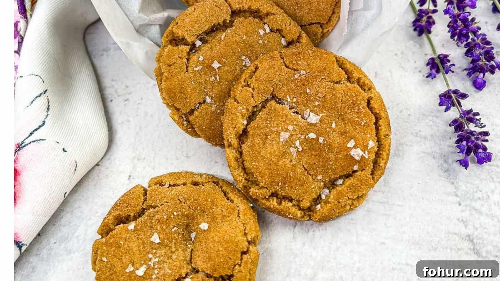 19 Cookie Recipes Even Dessert Skeptics Can't Resist 12 Three brown butter snickerdoodle cookies arranged on a white surface, sprinkled with sea salt flakes, with a white cloth and purple flowers on the side.