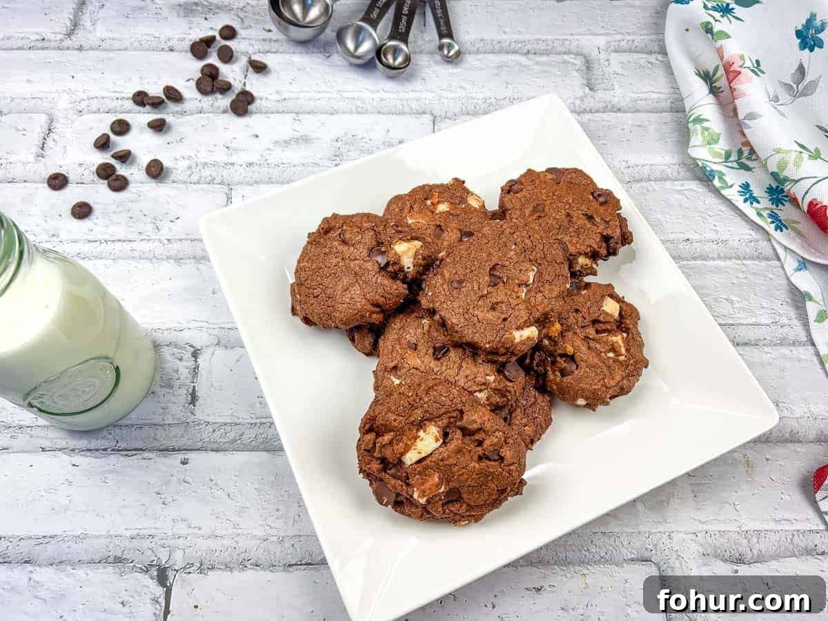 19 Cookie Recipes Even Dessert Skeptics Can't Resist 3 Chocolate overload cookies on a white plate.