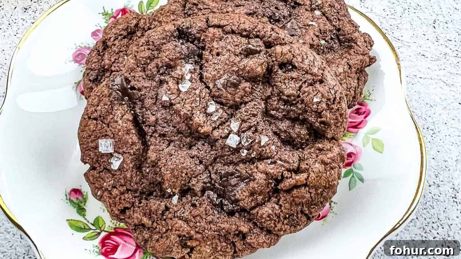 19 Cookie Recipes Even Dessert Skeptics Can't Resist 5 A close-up of a large chocolate cookie sprinkled with coarse salt, placed on a decorative plate with pink rose patterns.