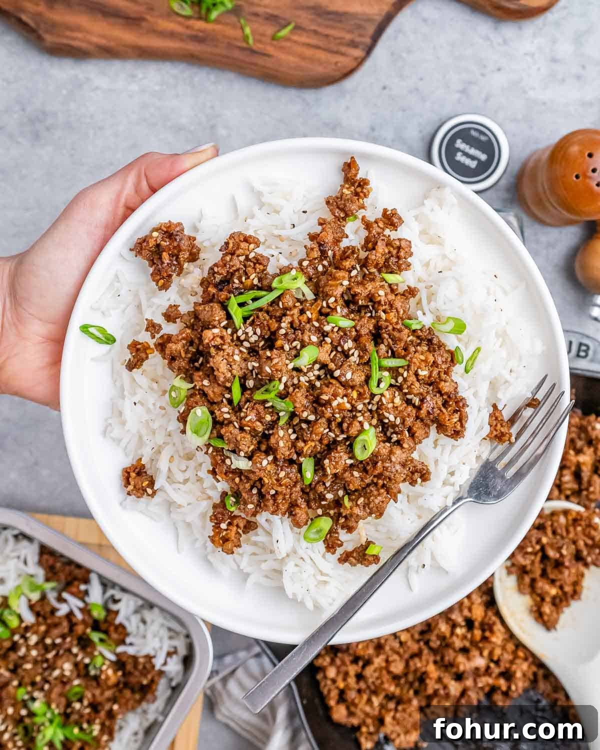 A hand holding a white plate with ground beef and rice with a fork on the side.