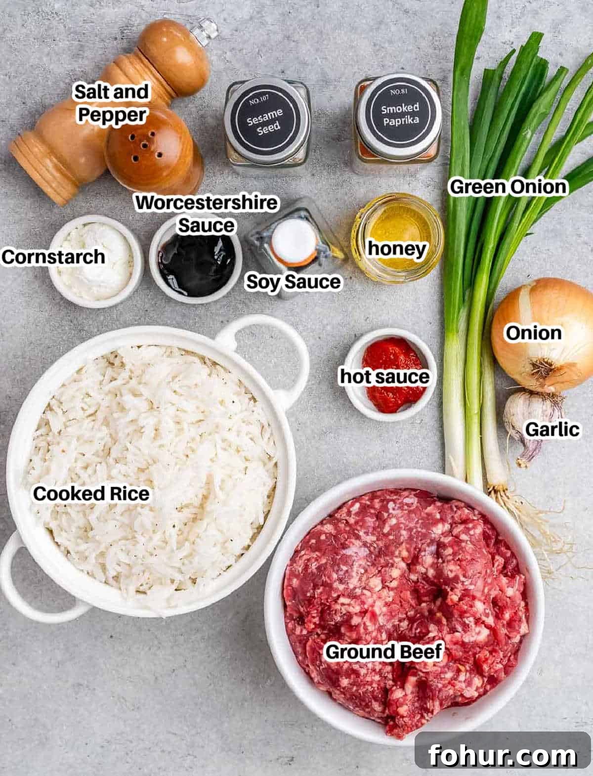 ingredients to make ground beef and rice.