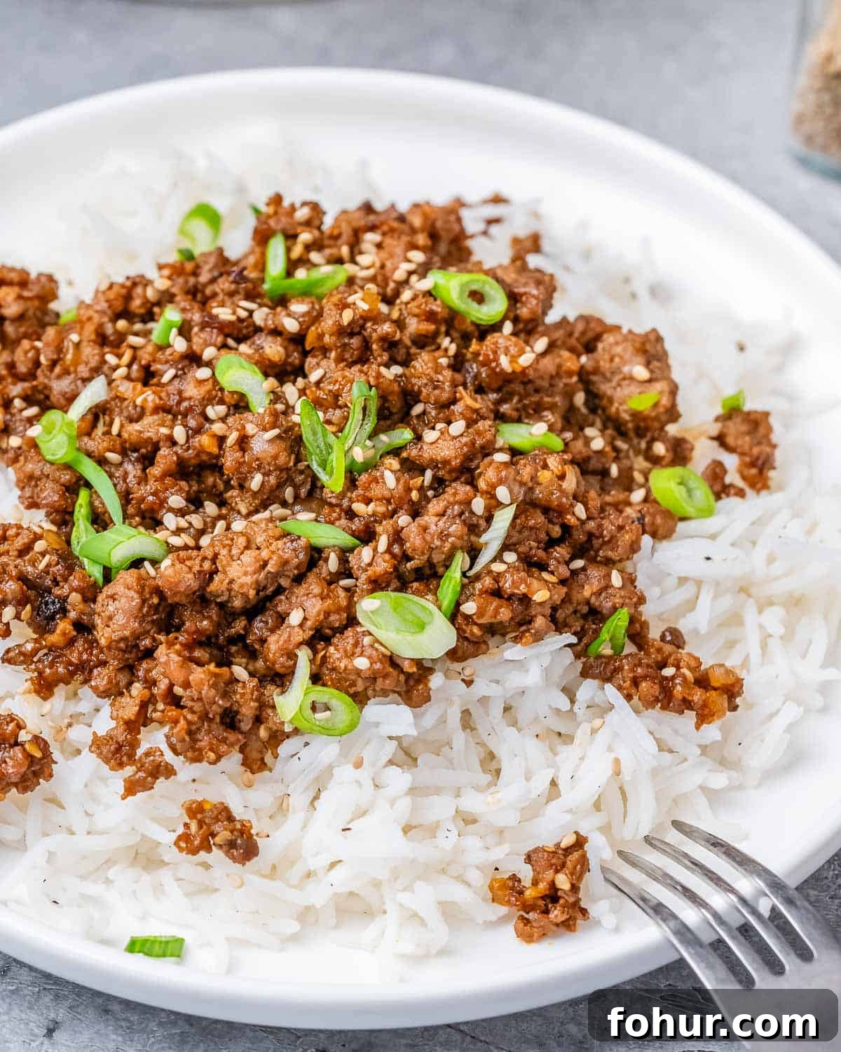 A white plate with rice and ground beef with a fork on the side.
