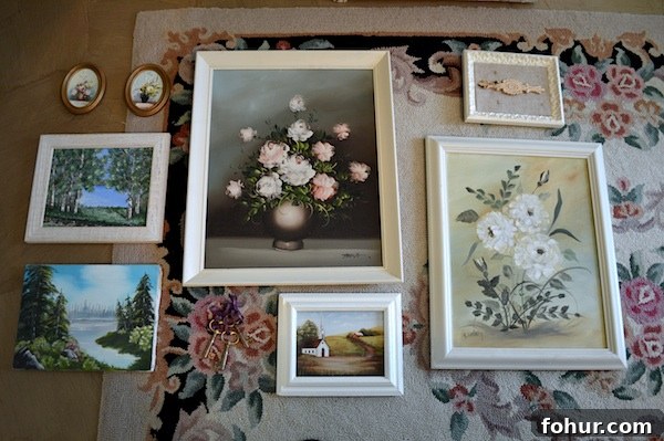 Thrifted Oil Paintings Gallery Wall with a Basket: ORC Week 2 2 Arranging paintings on floor