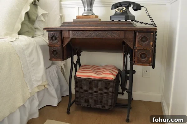 Thrifted Oil Paintings Gallery Wall with a Basket: ORC Week 2 5 Vintage Sewing Machine Nightstand