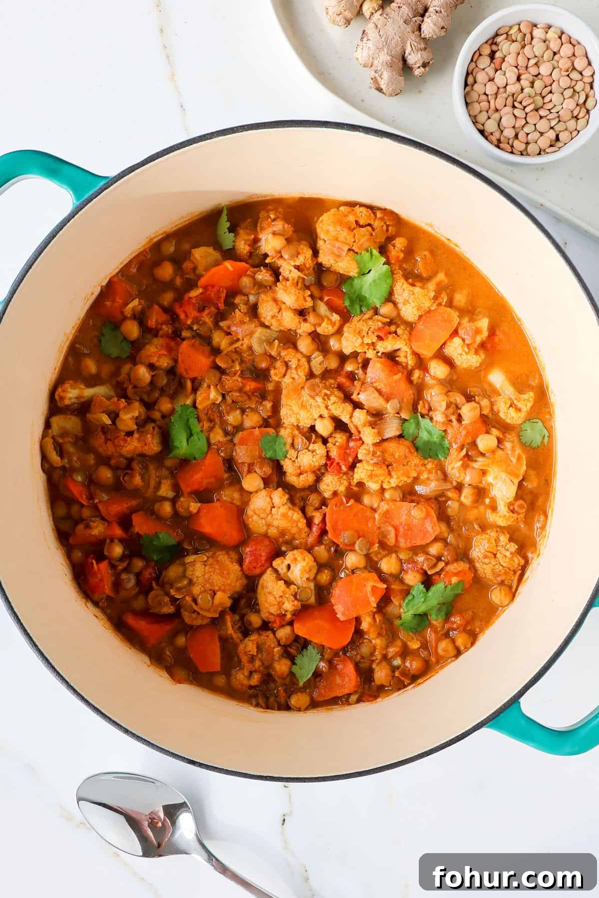 Chickpea and Lentil Curry with Warm Spices 3 Curry in a pot.