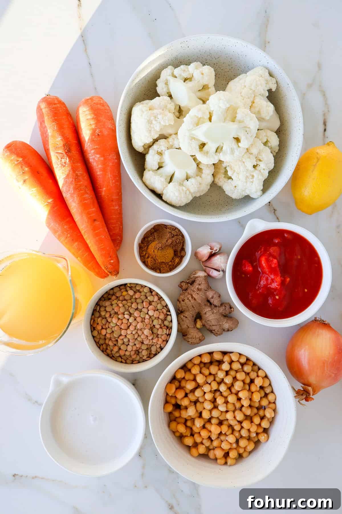 Chickpea and Lentil Curry with Warm Spices 4 Ingredients shown to make the curry recipe.