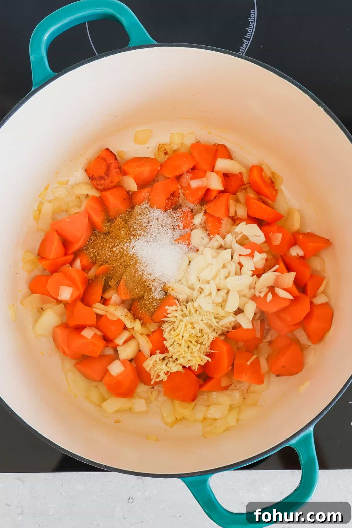 Chickpea and Lentil Curry with Warm Spices 5 Onion, carrot, ginger, ginger and spices added to the pot.