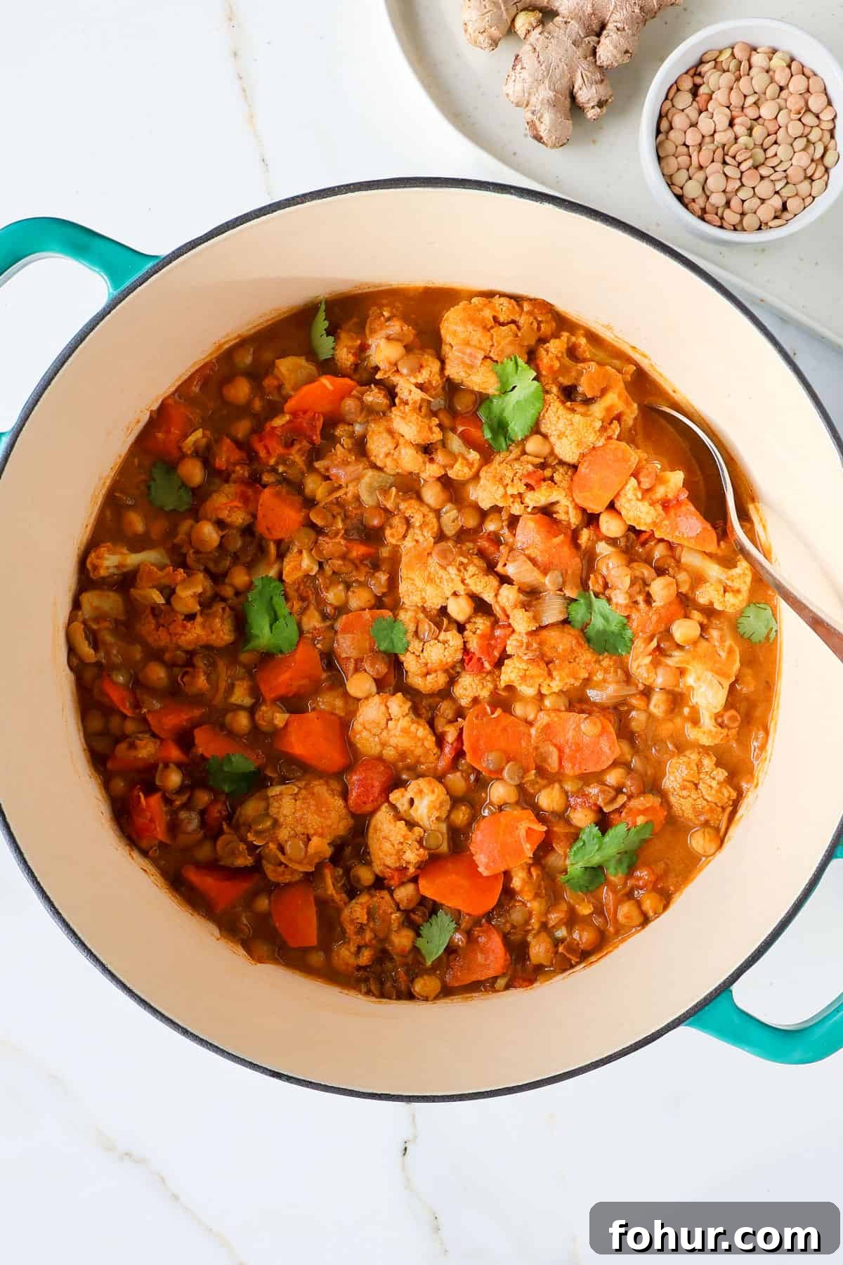Chickpea and Lentil Curry with Warm Spices 8 Curry in a pot with a spoon.