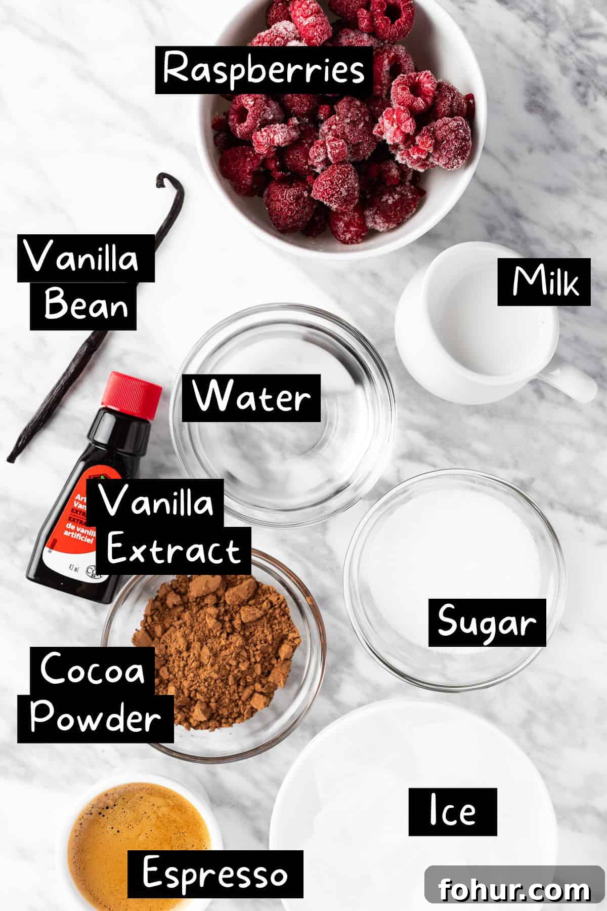 The ingredients needed to make the Starbucks red velvet drink.