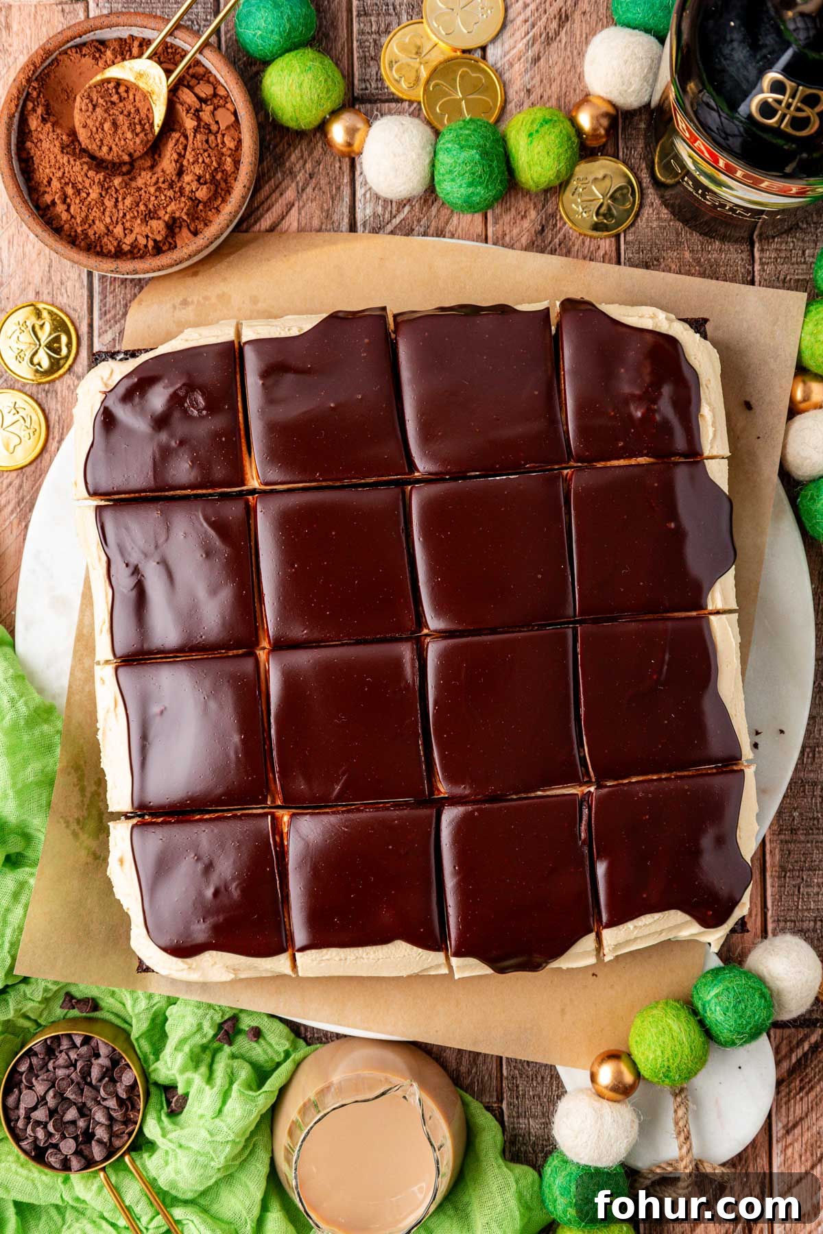 Decadent Baileys Irish Cream Brownies Recipe 4 Overhead photo of Irish Cream Bailey's Brownies on a table.
