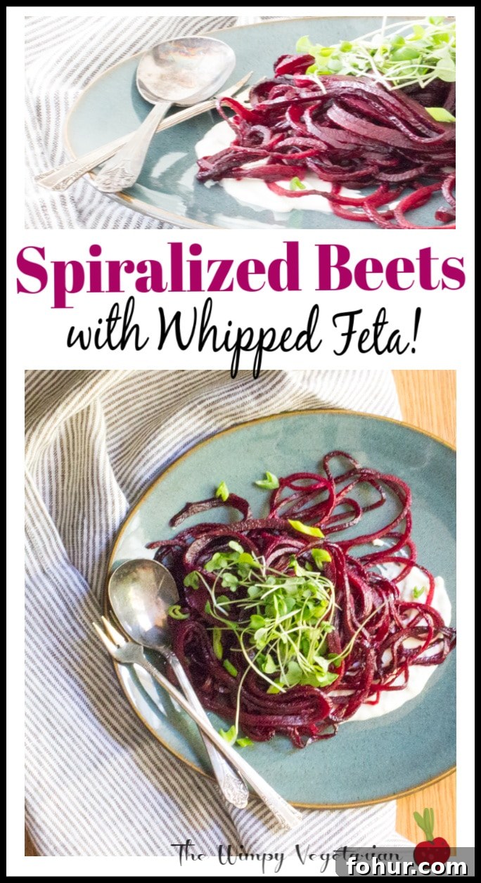 Spiralized Beet Noodle Salad with Creamy Whipped Feta 4 Easy spiralized beets sautéed with scallions and apple cider vinegar, served over feta cheese whipped with cream + garlic.